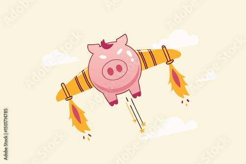 Boost financial earning or income, get rich fast or high growth investment, business opportunity or salary rising up concept, pink piggy bank with rocket booster wing flying fast high up in the sky.