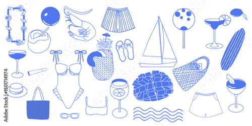 summer vacation. vector set of hand drawn illustrations. hat, swimming suit, cocktail, pants, mango, pineapple, boat
