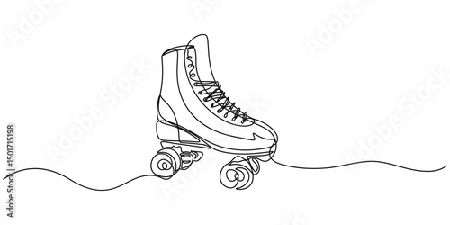 One single line drawing of pair of old retro plastic quad roller skate shoes. Vintage classic extreme sport concept continuous line draw design vector graphic illustration, Ice Skate Single Line Draw