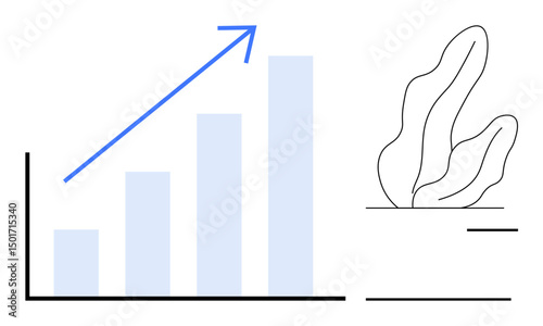 Bar chart increasing in height with upward arrow indicating growth. Minimal organic shape accents. Ideal for progress, analytics, success, business, finance, performance, simple landing page
