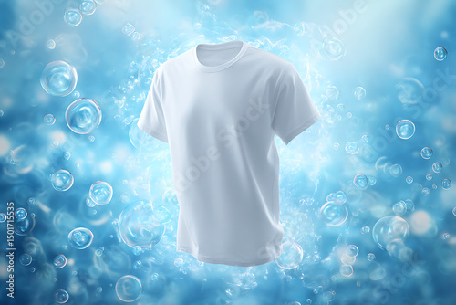 Blank white t shirt clean fresh with soap bubbles floating in background for concept