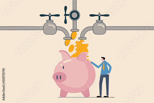 Multiple streams of income, passive income or revenue from invest in multi assets, side hustles to make money concept, rich businessman standing with multi cash flow from pipe into wealthy piggy bank.