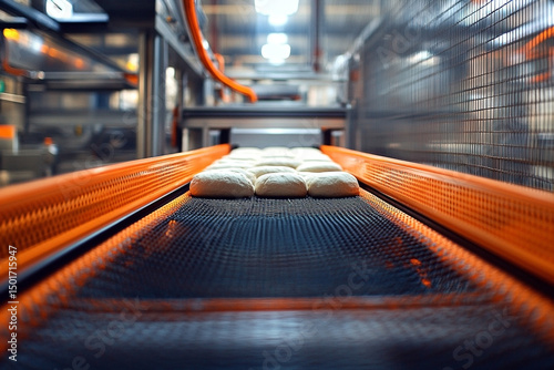 Automated bread production: Dough pieces travel on a conveyor in a bakery