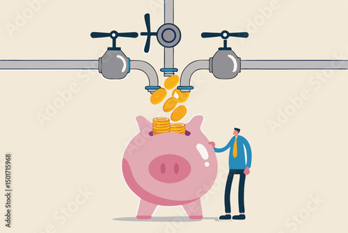 Multiple streams of income, passive income or revenue from invest in multi assets, side hustles to make money concept, rich businessman standing with multi cash flow from pipe into wealthy piggy bank.