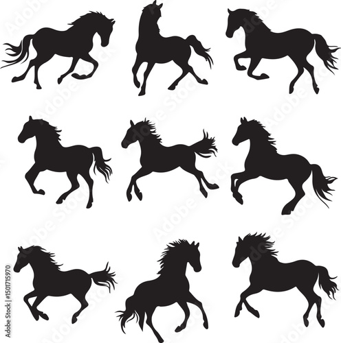 Silhouette Horses Vector Art: Black and White Illustration of Running, Galloping, and Prancing Horses for Graphic Design and Equestrian Themes