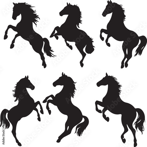 Black Horse Silhouettes Vector Set: Rearing Stallions Graphic Design Elements for Logo, Tattoo, Decoration, and Equestrian Art Projects