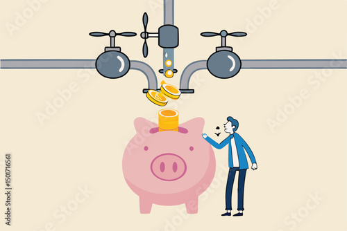 Multiple streams of income, passive income or revenue from invest in multi assets, side hustles to make money concept, rich businessman standing with multi cash flow from pipe into wealthy piggy bank.