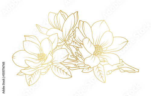 Golden magnolia flowers line art isolated on white background. Luxury magnolia floral design elements for invitation, wedding, wallpaper, print template, vector illustration