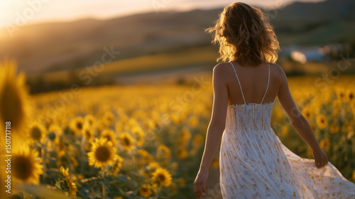 Wallpaper Mural Woman in sundress walks through sunflower field at golden hour, petals brushing her arms as bees hum lazily nearby. Torontodigital.ca