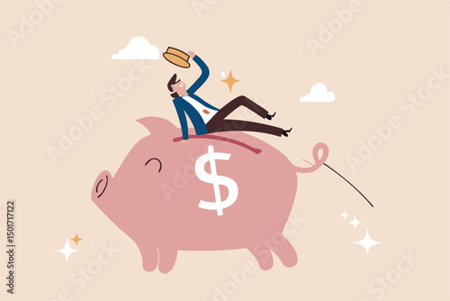 Pension plan for senior retiree, retirement savings fund, IRA, Roth or 401K, wealth management for elderly concept, happy elderly old man relax lay down on wealthy piggy bank pension fund.