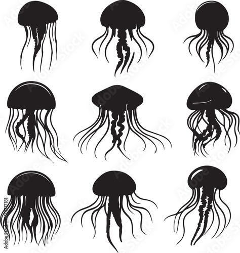 Silhouette Jellyfish Vector Art: Collection of Black and White Jellyfish Illustrations for Graphic Design and Marine Life Projects