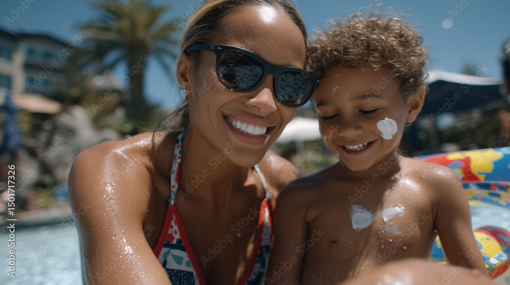 Obraz premium Mom applies sunscreen on childâs nose at poolside, colorful floaties and laughter in the background.