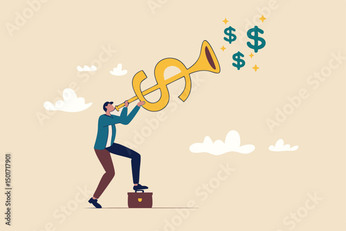 Investment opportunity, making money, profit or earning, FED central bank signal interest rate policy, financial stock market buy and sell signal concept, businessman investor blow dollar money horn.
