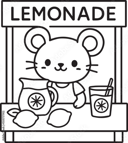 Cute mouse runs lemonade stand with lemons, pitcher, and refreshing drink for sale.