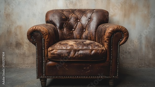 Old brown leather chair with rivets and worn texture