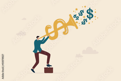 Investment opportunity, making money, profit or earning, FED central bank signal interest rate policy, financial stock market buy and sell signal concept, businessman investor blow dollar money horn.