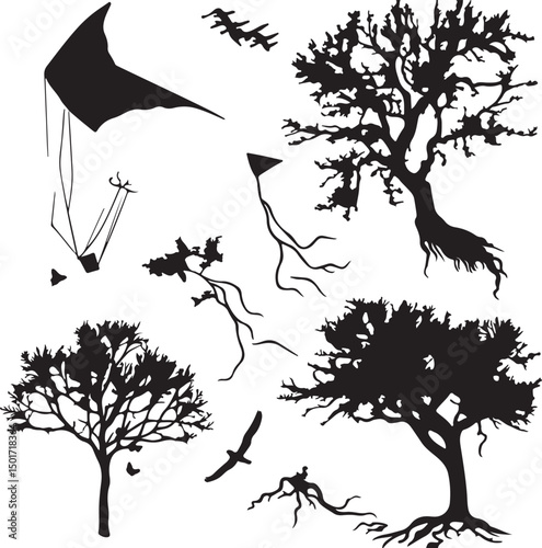Silhouette Vector Art: Trees, Kites, and Birds in Flight - Nature Inspired Black and White Graphic Design Elements for Creative Projects