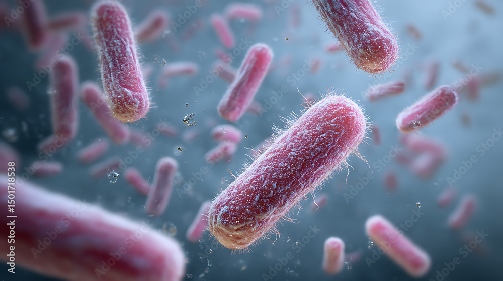 Close up view of rod-shaped bacteria floating with realistic biological details and textures Close up view of rod-shaped bacteria floating with realistic biological details and textures
