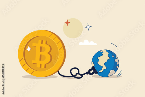 Cryptocurrency sustainability problem, bitcoin and crypto currency mining energy consumption not environment friendly concept, Big bitcoin with electric plug sucking energy from planet earth.
