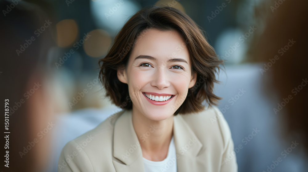 Obraz premium A close-up portrait of an attractive woman in her late thirties, smiling warmly at the camera during a business meeting with two other women.