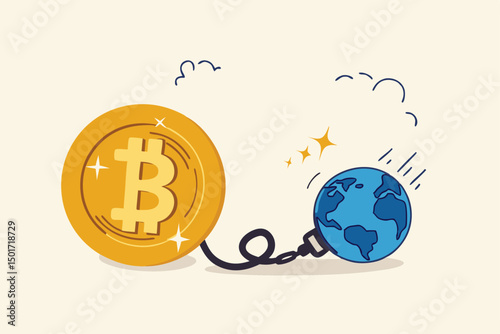 Cryptocurrency sustainability problem, bitcoin and crypto currency mining energy consumption not environment friendly concept, Big bitcoin with electric plug sucking energy from planet earth.