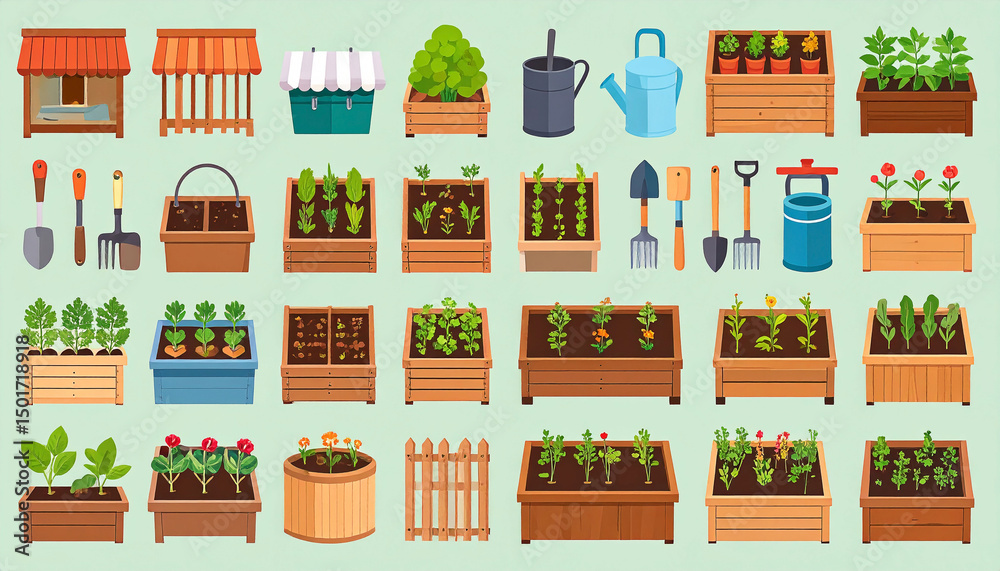Fototapeta premium Colorful illustration of various gardening tools, planters, and growing plants, displayed against a light green background
