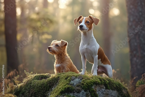 Two adorable dogs sitting on a mossy rock in a sun-drenched forest