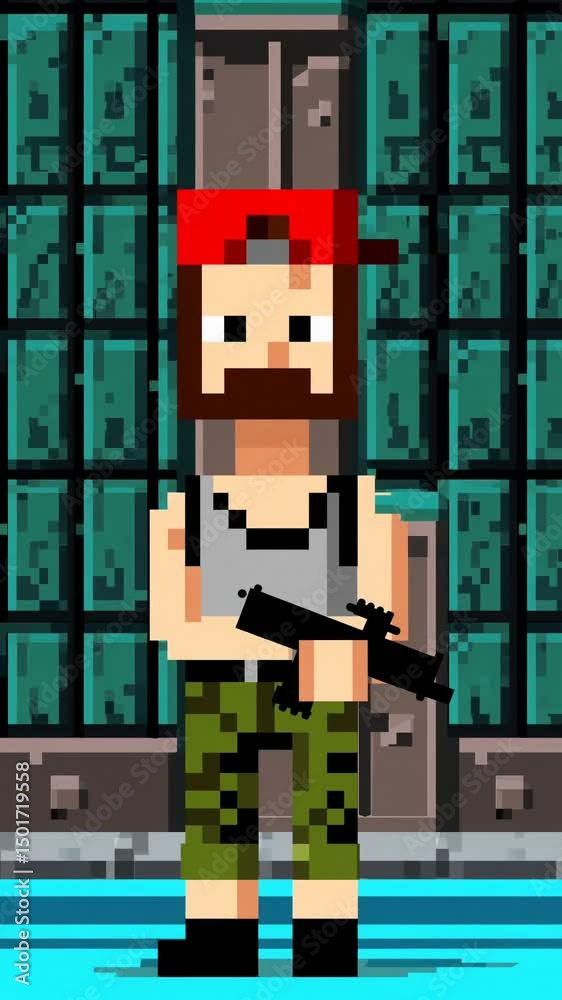 Personnage pixel art armé avec casquette rouge dans un décor rétro de jeu vidéo

