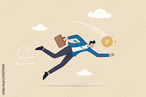 Investment opportunity, catching bargain stock or mutual funds, grab winning profit or earning concept, businessman jump to catch golden money coin with baseball catcher glove.