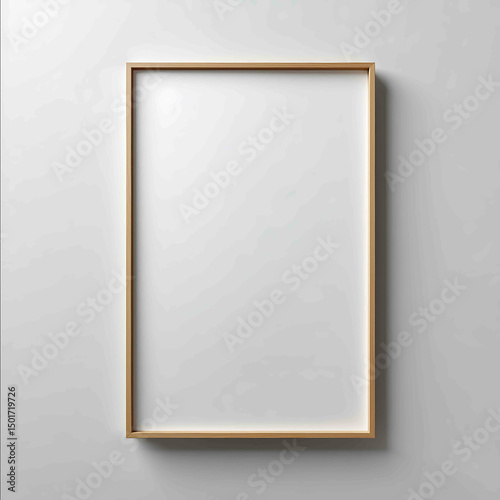 A white wall with an empty picture frame on it viewed from the front captured in a frontal view at a 45degree angle The frame is wooden and its shape resembl