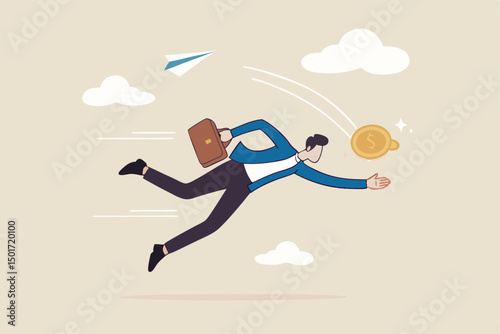 Investment opportunity, catching bargain stock or mutual funds, grab winning profit or earning concept, businessman jump to catch golden money coin with baseball catcher glove.