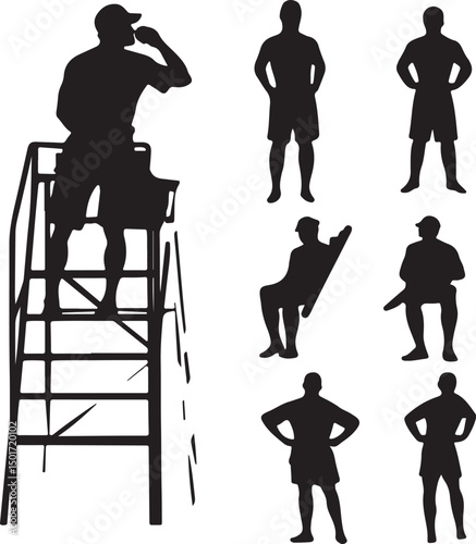 Lifeguard Silhouette Vector Set: Beach Safety, Water Rescue, Standing, Sitting, and On Duty Positions - Black and White Clip Art Illustration