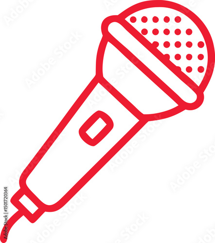 A simple red line art icon of a dynamic microphone for audio and voice recording.