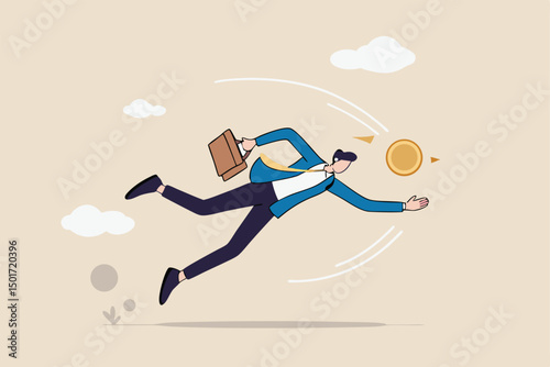 Investment opportunity, catching bargain stock or mutual funds, grab winning profit or earning concept, businessman jump to catch golden money coin with baseball catcher glove.