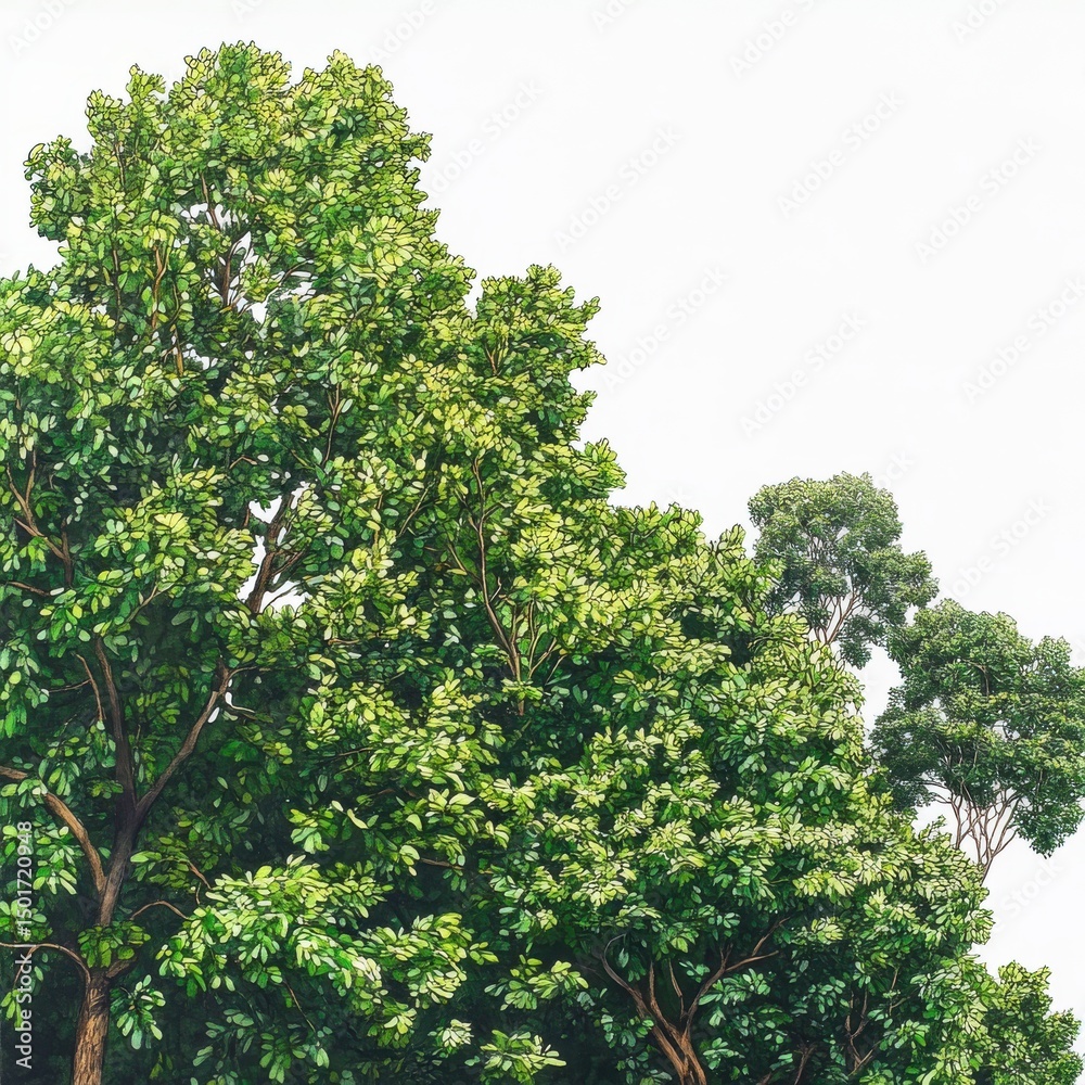 Fototapeta premium Lush green canopy treetop illustration isolated on white background