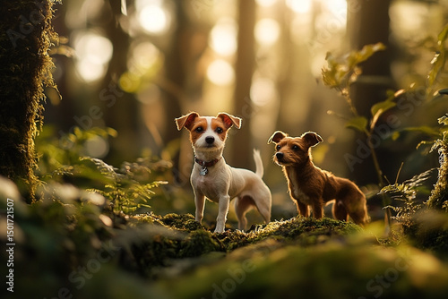 Two playful Jack Russell dogs amidst sun-dappled forest foliage adventure
