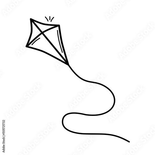 Summer kite is flying doodle hand drawn icon. Outline drawing kite is flying line clipart symbol. Vector illustration
