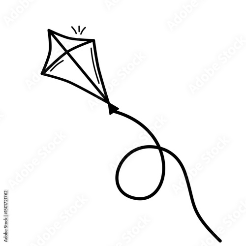 Summer kite is flying doodle hand drawn icon. Outline drawing kite is flying line clipart symbol. Vector illustration