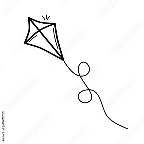 Summer kite is flying doodle hand drawn icon. Outline drawing kite is flying line clipart symbol. Vector illustration