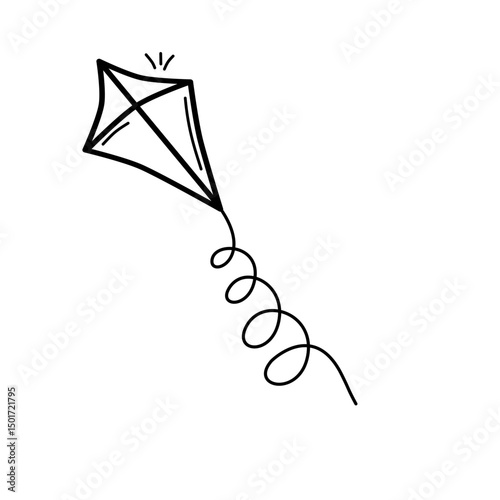 Summer kite is flying doodle hand drawn icon. Outline drawing kite is flying line clipart symbol. Vector illustration