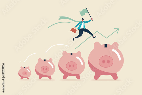 Investment and savings growth, salary or profit increase, making more money and collect more wealth concept, business man jumping from small piggy bank to bigger profit to achieve financial goal.