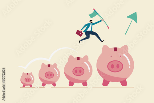 Investment and savings growth, salary or profit increase, making more money and collect more wealth concept, business man jumping from small piggy bank to bigger profit to achieve financial goal.