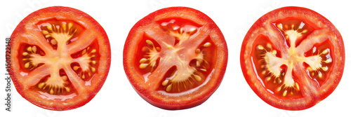 Three slices of tomato are shown, each with a different amount of seeds