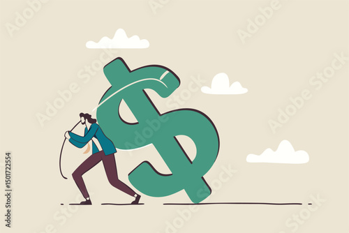 Working hard for money, effort to earn more salary or investment profit, tax burden or financial problem and difficulty concept, overworked businessman drag big dollar sign money back from work.