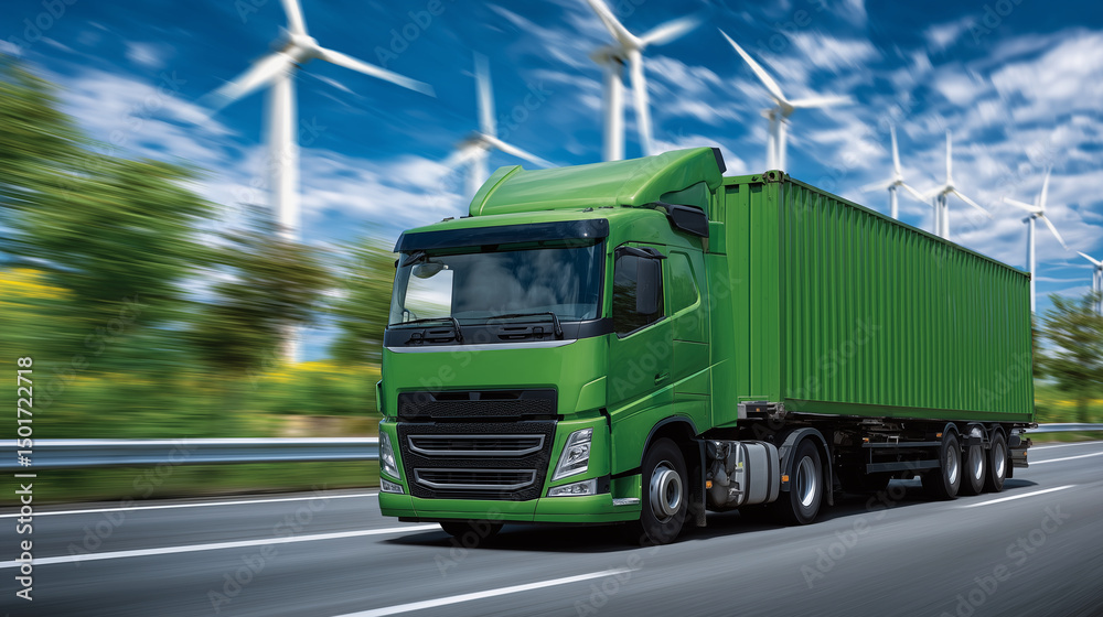 custom made wallpaper toronto digitalGreen cargo truck glides along sunlit highway flanked by fields of wind turbines, symbolizing sustainable logistics and clean energy supply chains.