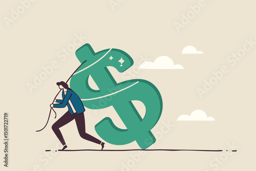 Working hard for money, effort to earn more salary or investment profit, tax burden or financial problem and difficulty concept, overworked businessman drag big dollar sign money back from work.
