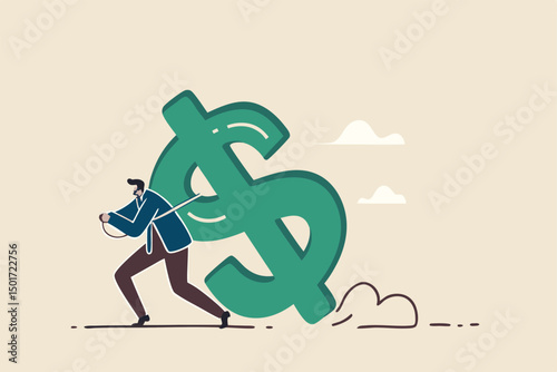 Working hard for money, effort to earn more salary or investment profit, tax burden or financial problem and difficulty concept, overworked businessman drag big dollar sign money back from work.