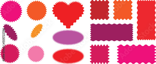 Rectangle, square and oval shape frame with zigzag edge. Set of Zigzag and colorful Shapes. Zig Colorful frame with zigzag edge. Rectangular jagged curved box element. Geometric zig zag stickers, labe