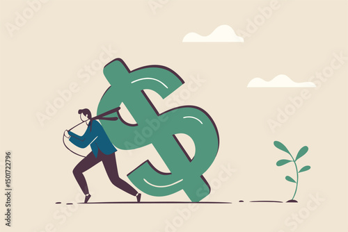 Working hard for money, effort to earn more salary or investment profit, tax burden or financial problem and difficulty concept, overworked businessman drag big dollar sign money back from work.