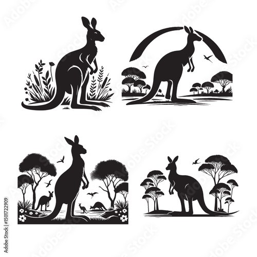 Kangaroo Silhouette Vector with Tree Background | Wildlife Scene Illustration Isolated on White